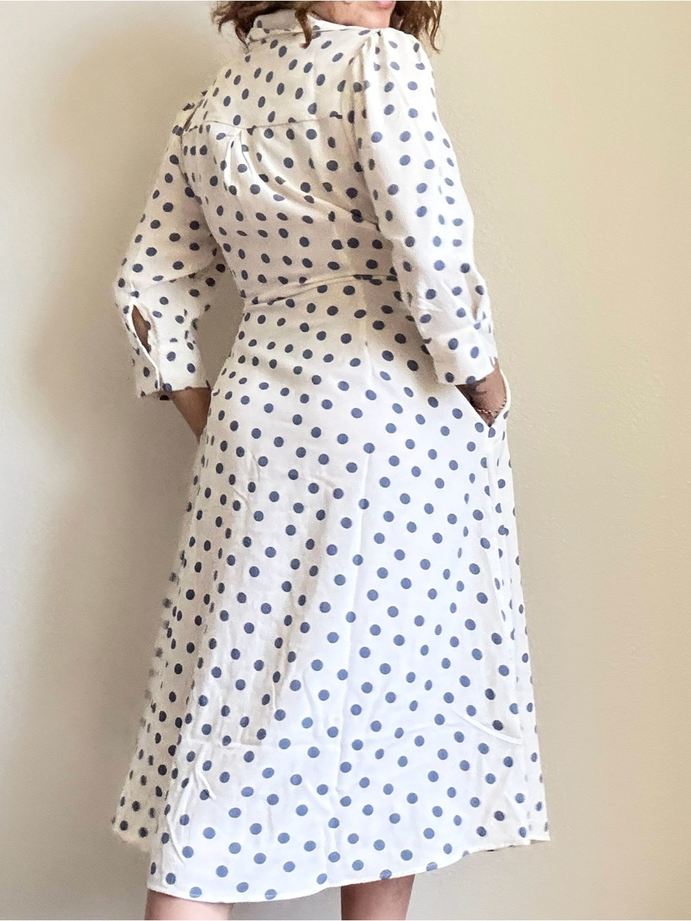 White and Blue Polka Dot Shirt Dress with Tie Waist - Picture 3 of 4